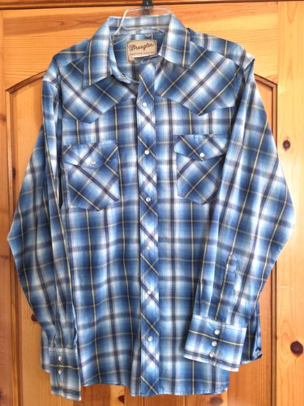 Wrangler Men’s Western Pearl Snap Button Up Long Sleeve Shirt Blue Plaid Vtg LG